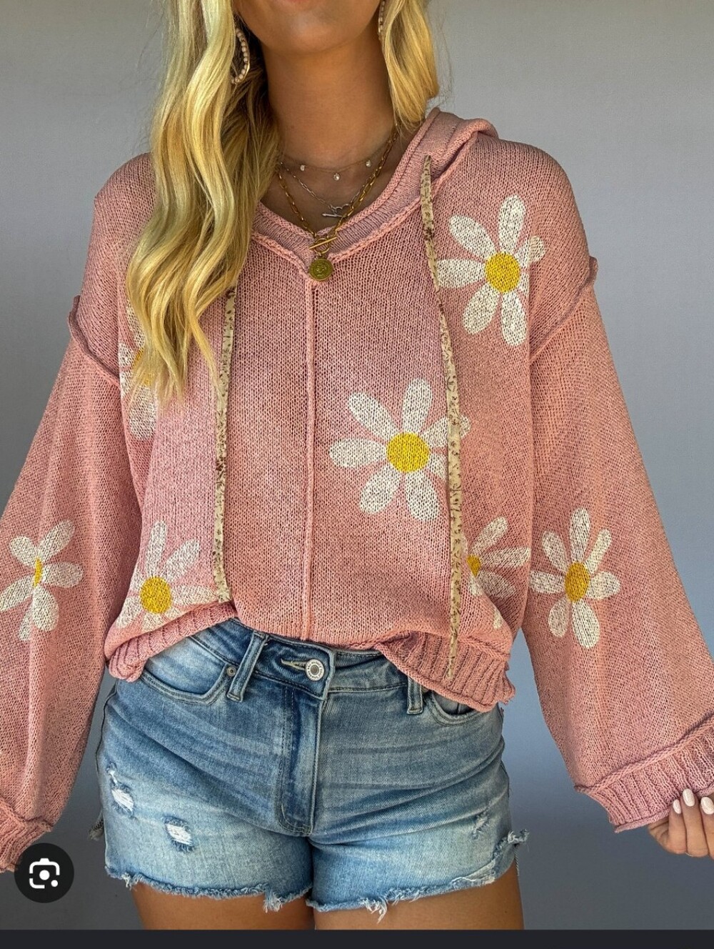 POL Pink Daisy Knit Hoodie with Yellow Centers Oversize